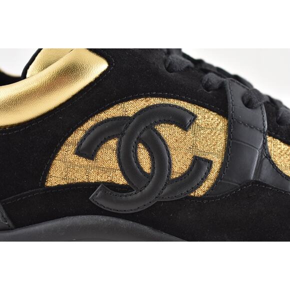 Chanel 19A Mens Black Gold Croc Suede CC Logo Low Top Trainer Sneaker 44 11 - Picture 5 of 14